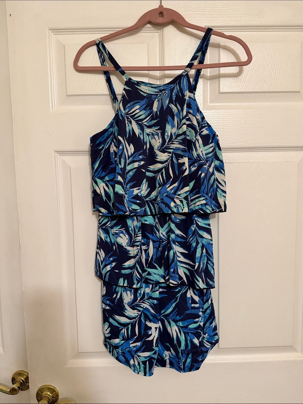 Blue Tropical Print One-Piece Swim Dress Fit 4u